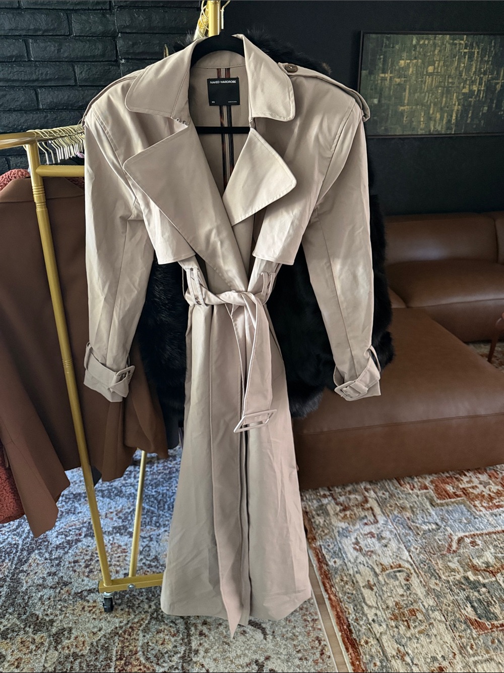 naked wardrobe Long Trench Coat in Light Beige with Tie Belt